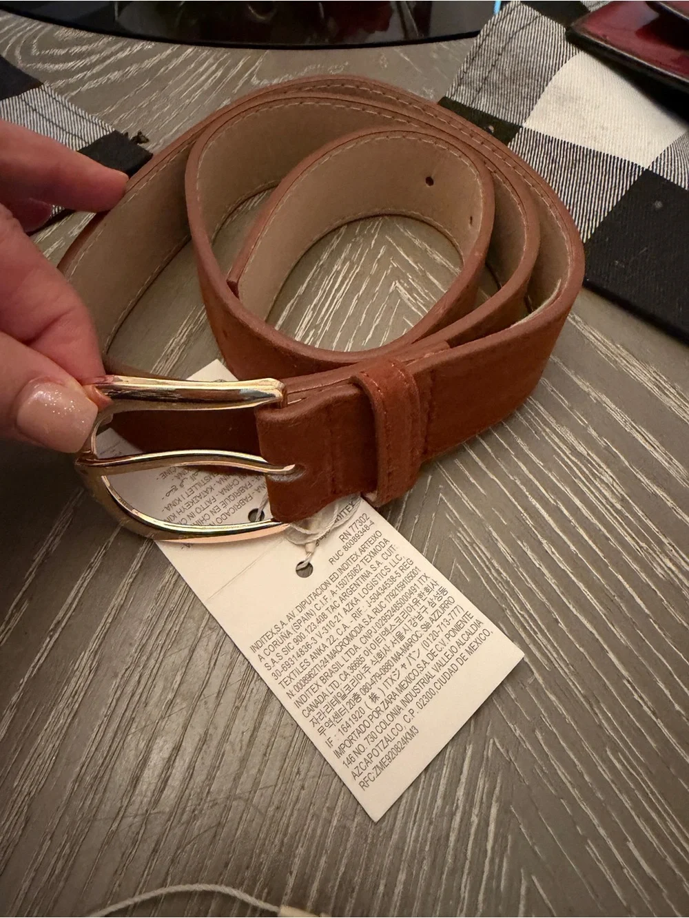 Zara Tan/Brown Leather Belt with Gold-Tone Buckle